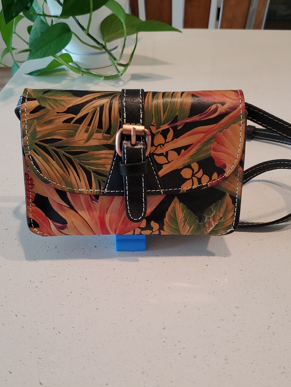 Black Floral Print Leather Handbag with Tan Suede Interior - Picture 5 of 6